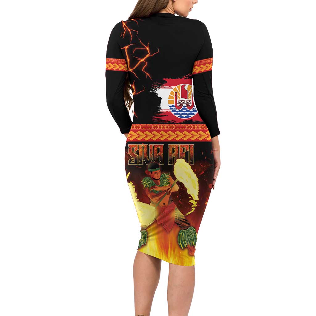 Tahitian Siva Afi Family Matching Long Sleeve Bodycon Dress and Hawaiian Shirt Tribal Performers of Tahitian Fire Knife Dancing