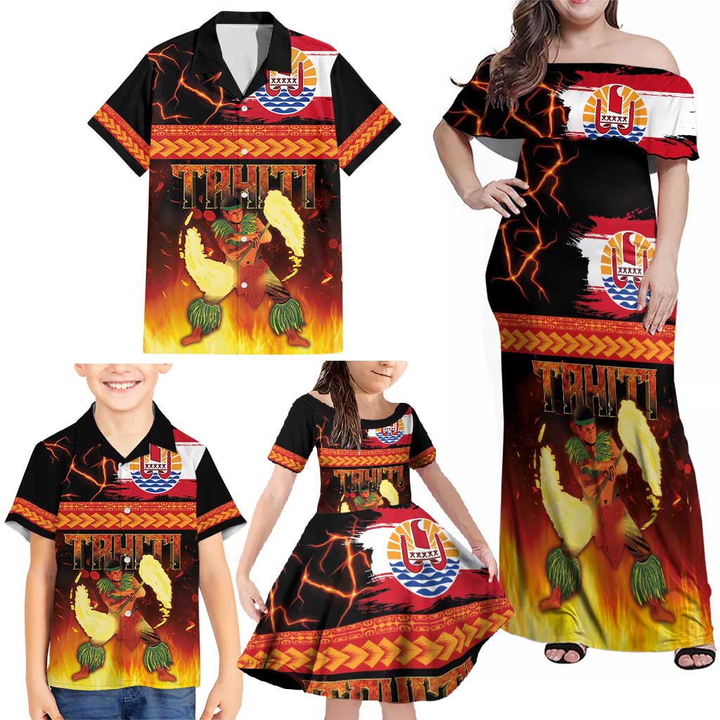 Tahitian Siva Afi Family Matching Off Shoulder Maxi Dress and Hawaiian Shirt Tribal Performers of Tahitian Fire Knife Dancing