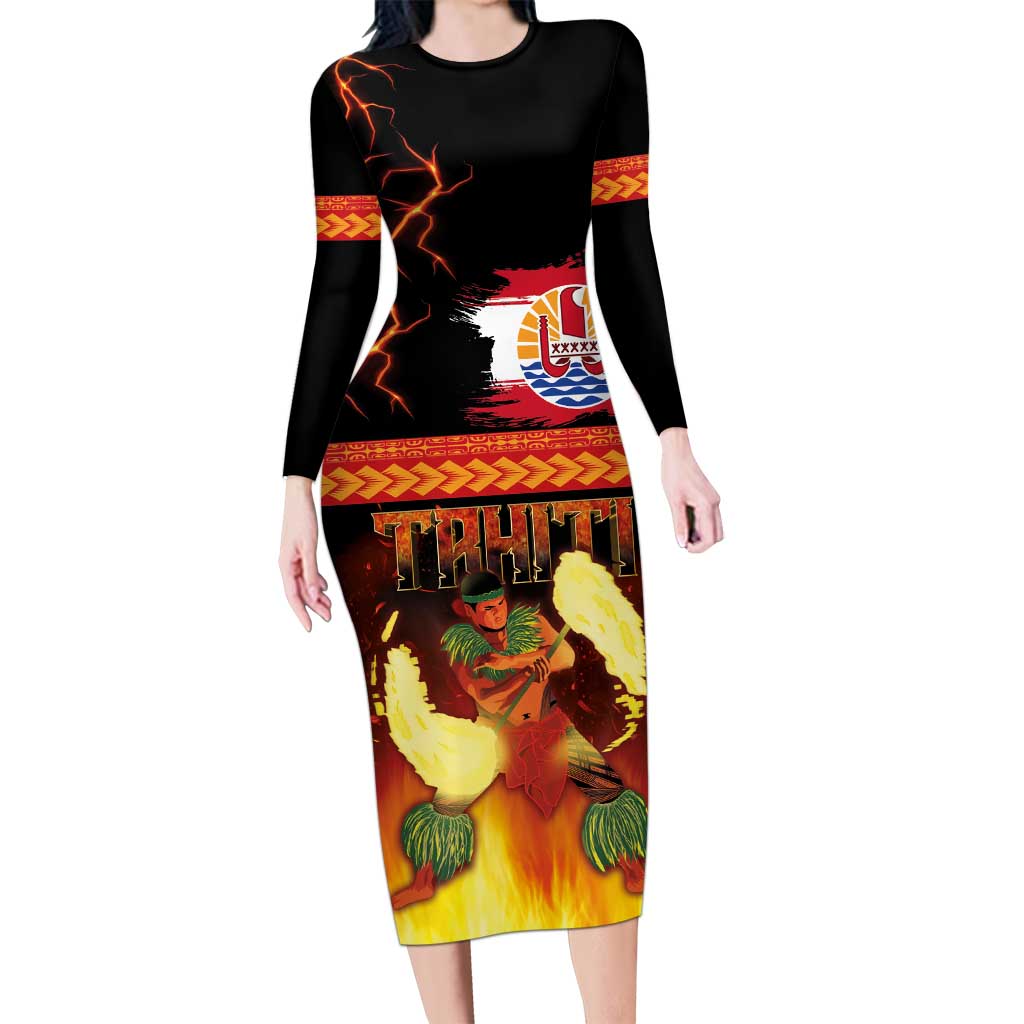 Tahitian Siva Afi Long Sleeve Bodycon Dress Tribal Performers of Tahitian Fire Knife Dancing