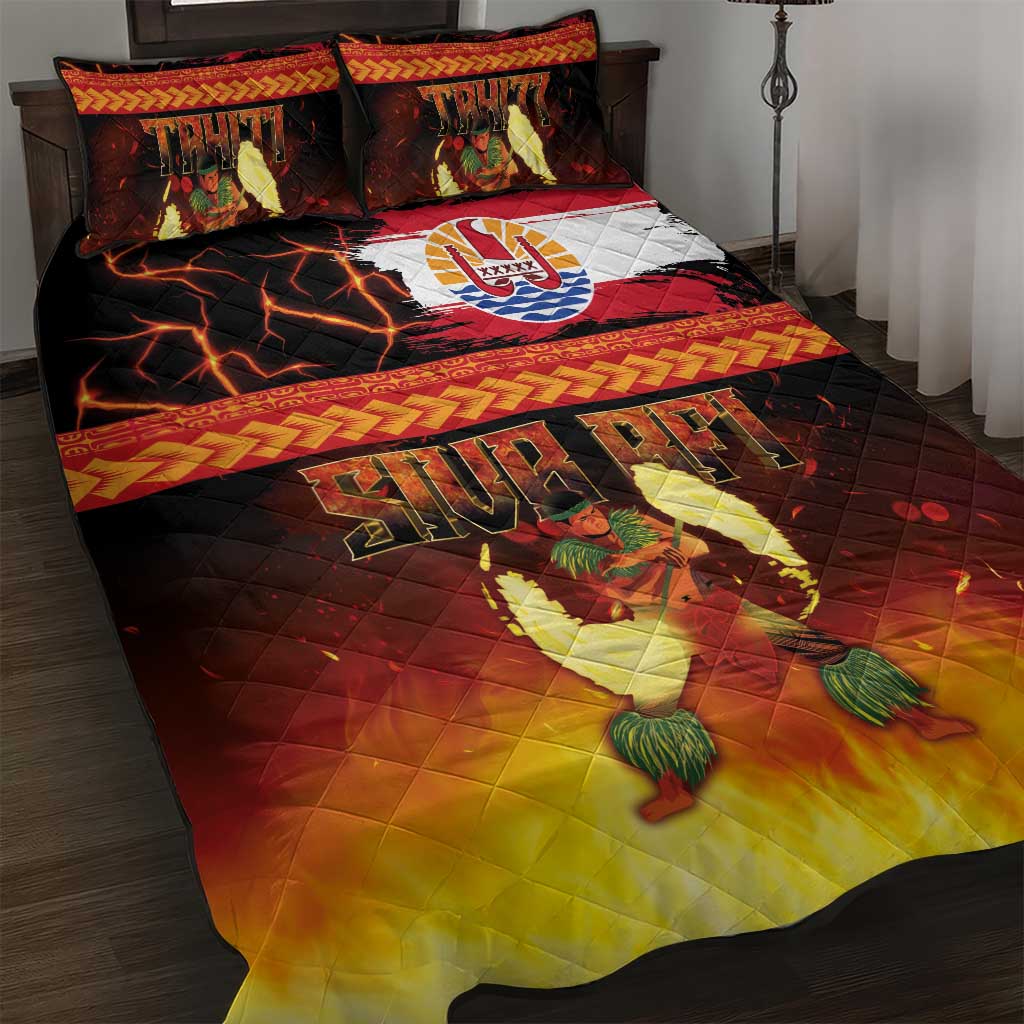 Tahitian Siva Afi Quilt Bed Set Tribal Performers of Tahitian Fire Knife Dancing