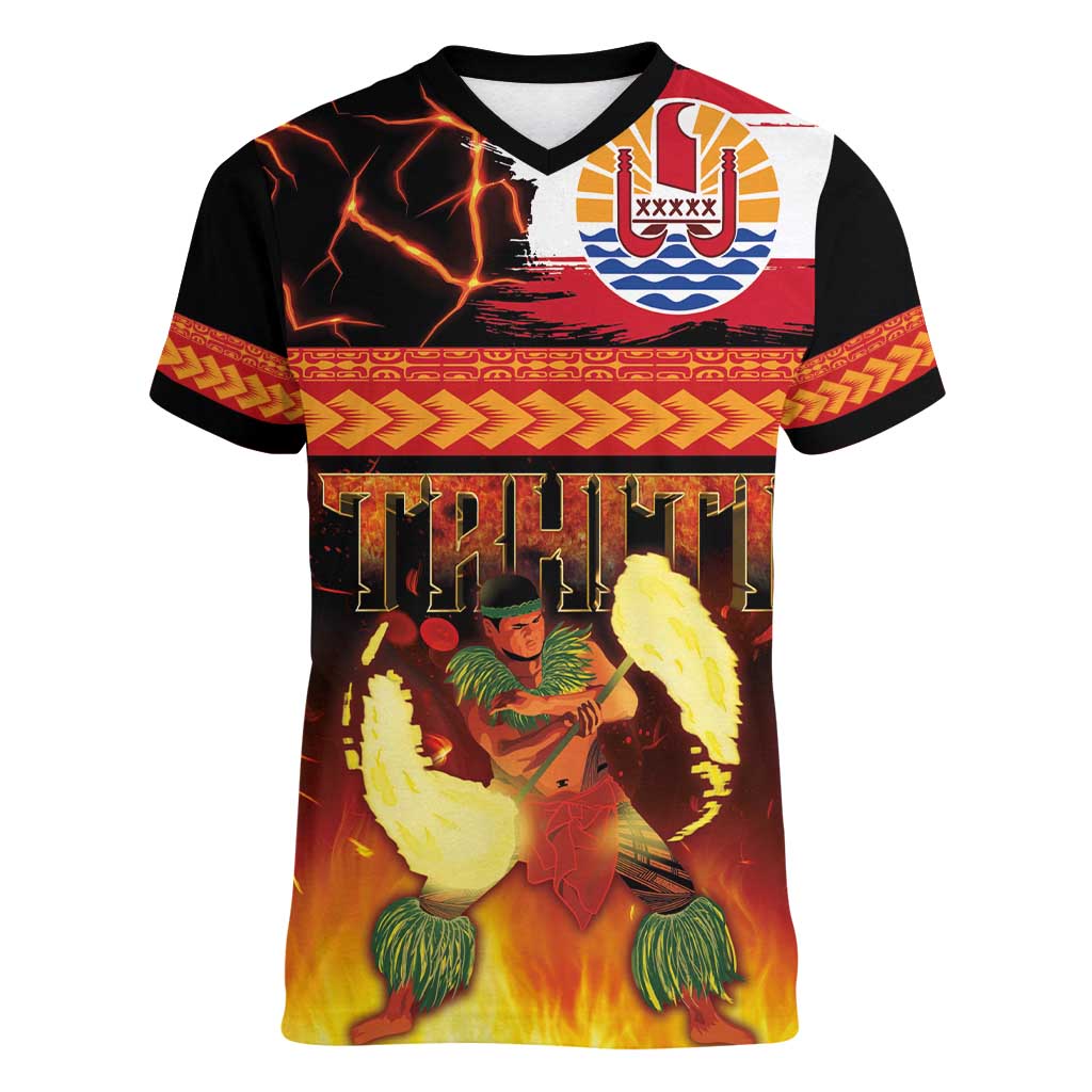 Tahitian Siva Afi Women V-Neck T-Shirt Tribal Performers of Tahitian Fire Knife Dancing