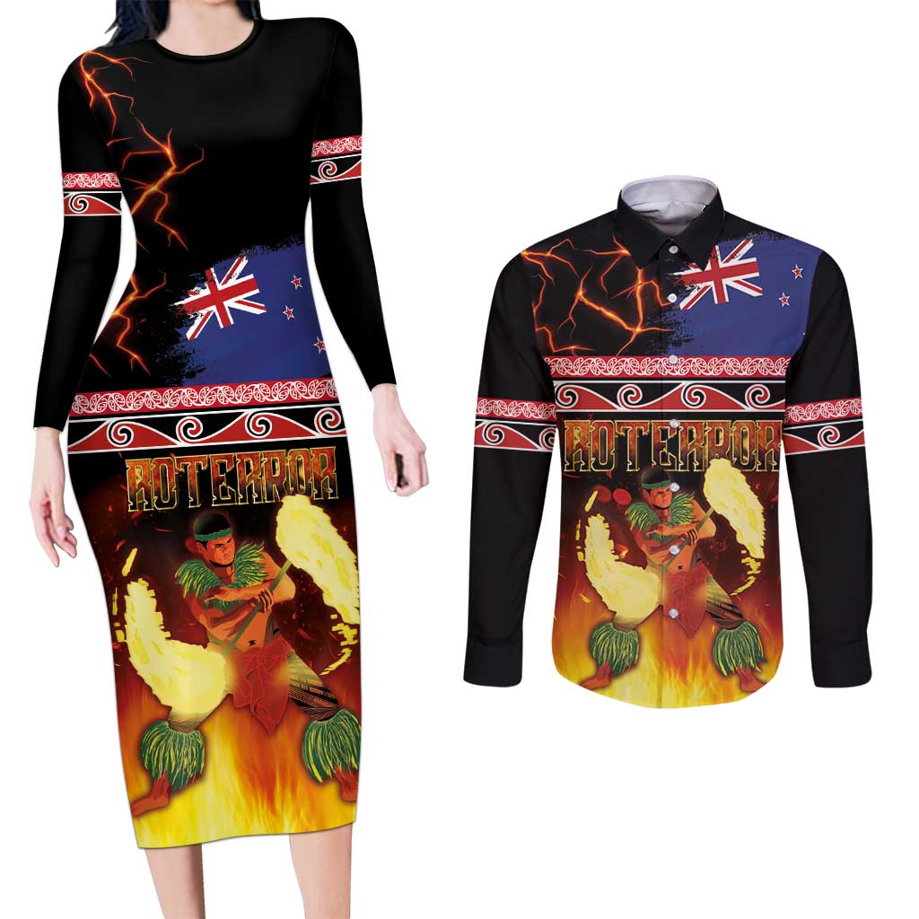 Aotearoa Siva Afi Couples Matching Long Sleeve Bodycon Dress and Long Sleeve Button Shirt Tribal Performers of Aotearoa Fire Knife Dancing