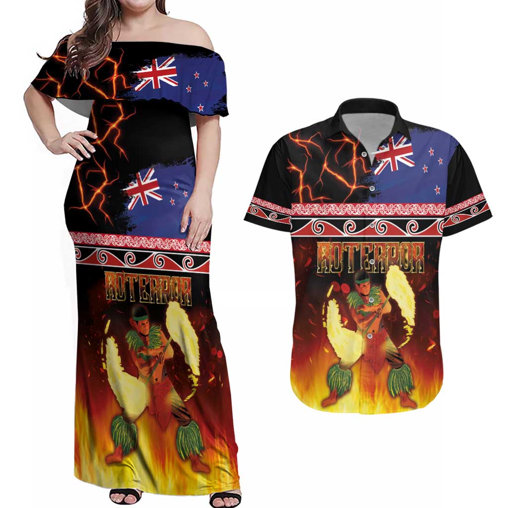 Aotearoa Siva Afi Couples Matching Off Shoulder Maxi Dress and Hawaiian Shirt Tribal Performers of Aotearoa Fire Knife Dancing