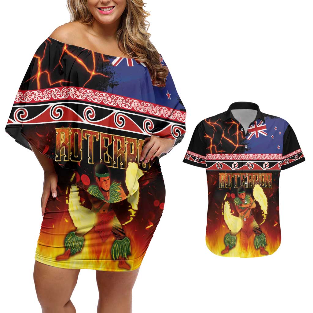 Aotearoa Siva Afi Couples Matching Off Shoulder Short Dress and Hawaiian Shirt Tribal Performers of Aotearoa Fire Knife Dancing LT03 Black - Polynesian Pride