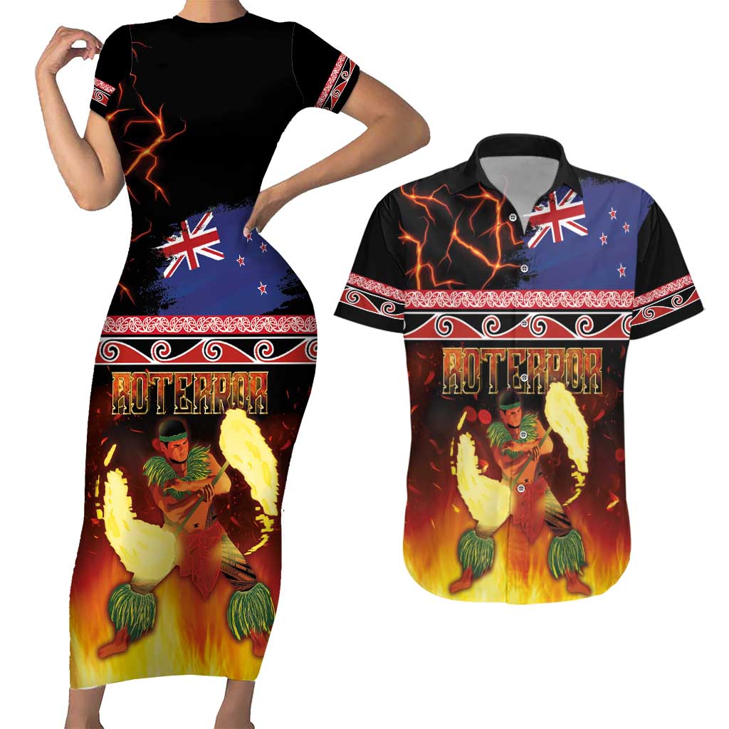 Aotearoa Siva Afi Couples Matching Short Sleeve Bodycon Dress and Hawaiian Shirt Tribal Performers of Aotearoa Fire Knife Dancing LT03 Black - Polynesian Pride