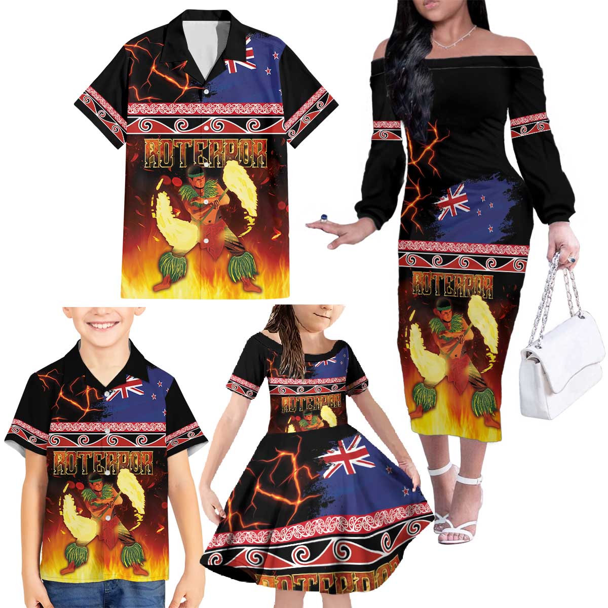 Aotearoa Siva Afi Family Matching Off The Shoulder Long Sleeve Dress and Hawaiian Shirt Tribal Performers of Aotearoa Fire Knife Dancing