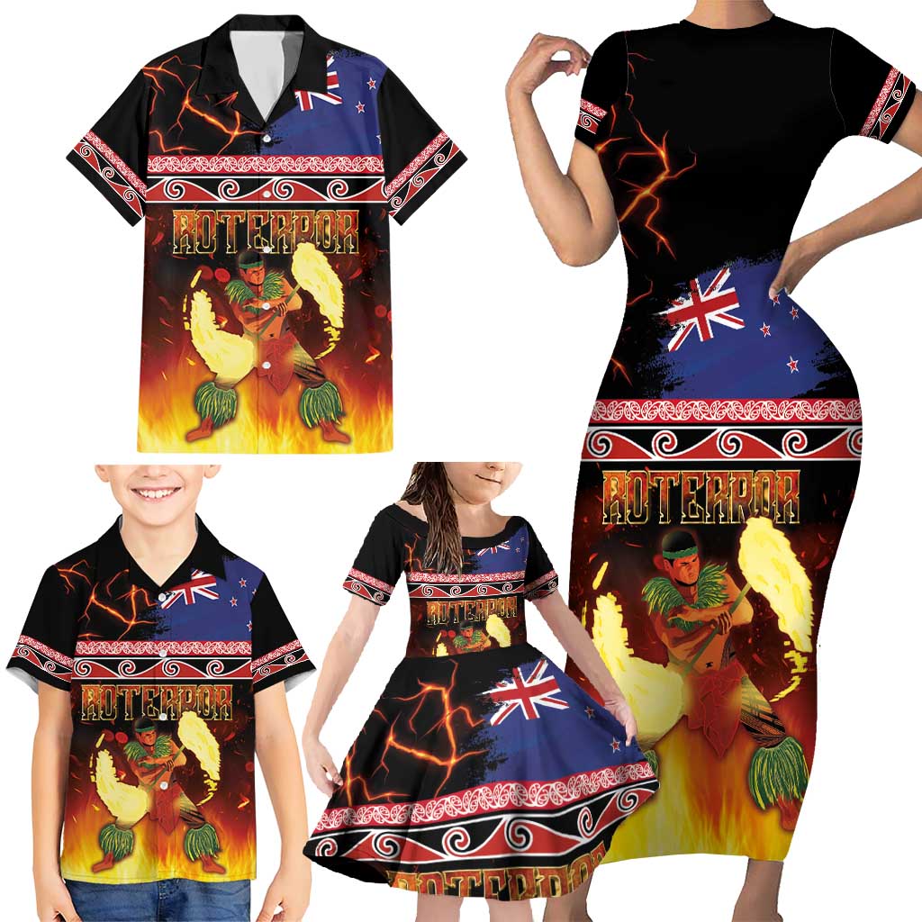 Aotearoa Siva Afi Family Matching Short Sleeve Bodycon Dress and Hawaiian Shirt Tribal Performers of Aotearoa Fire Knife Dancing