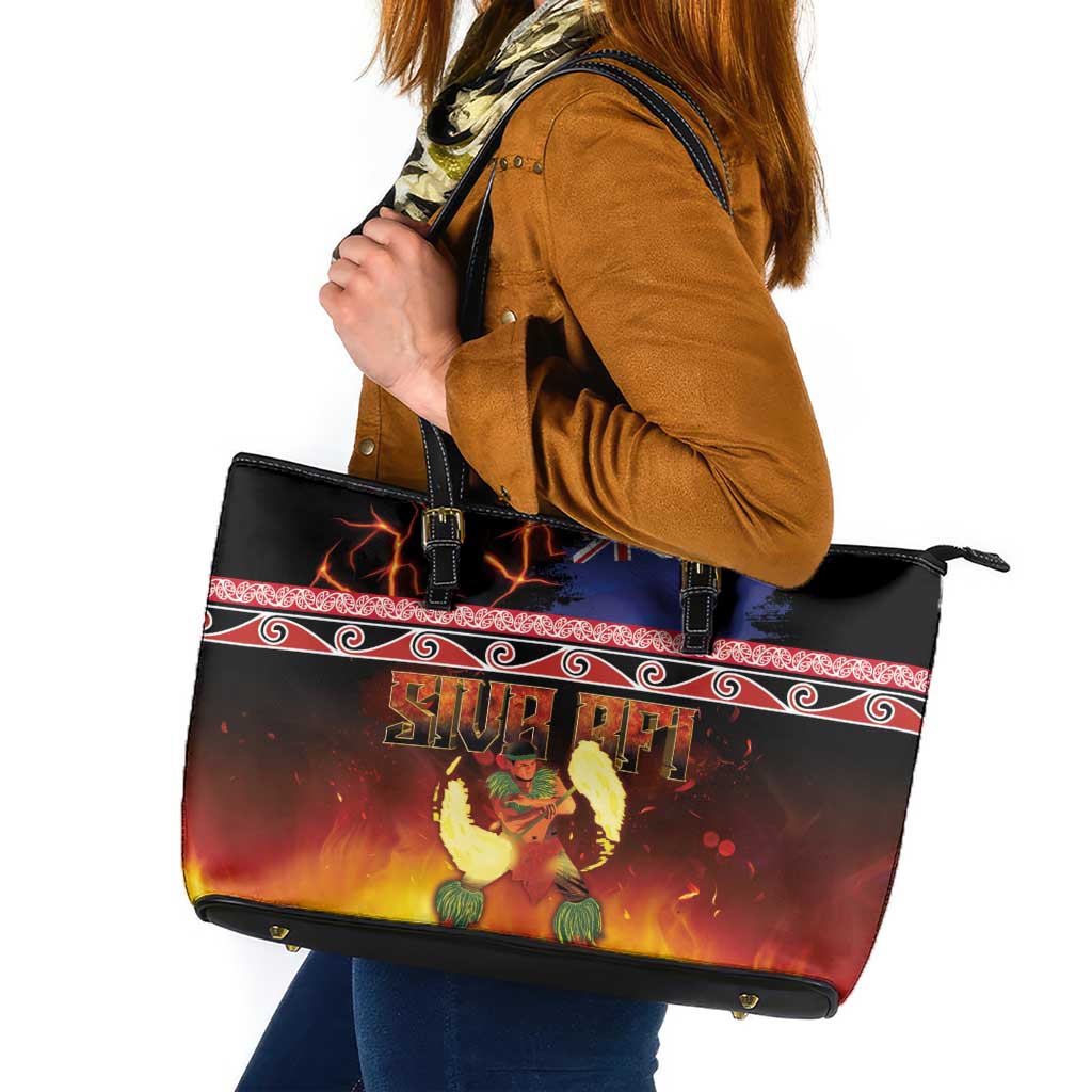 Aotearoa Siva Afi Leather Tote Bag Tribal Performers of Aotearoa Fire Knife Dancing LT03 Black - Polynesian Pride