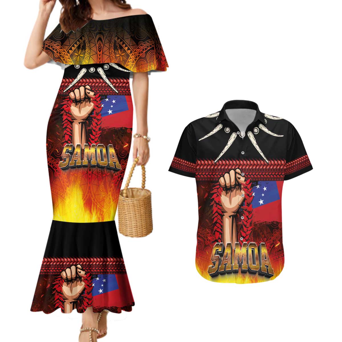 Personalised Samoan Spirit - Samoa Tribal Heritage Couples Matching Mermaid Dress and Hawaiian Shirt