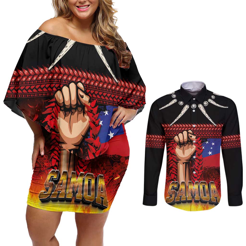 Personalised Samoan Spirit - Samoa Tribal Heritage Couples Matching Off Shoulder Short Dress and Long Sleeve Button Shirt