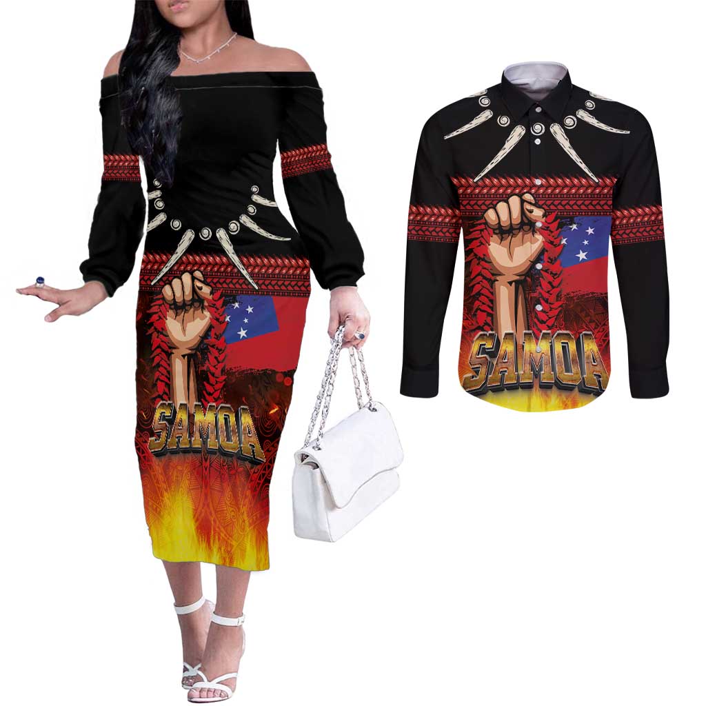 Personalised Samoan Spirit - Samoa Tribal Heritage Couples Matching Off The Shoulder Long Sleeve Dress and Long Sleeve Button Shirt