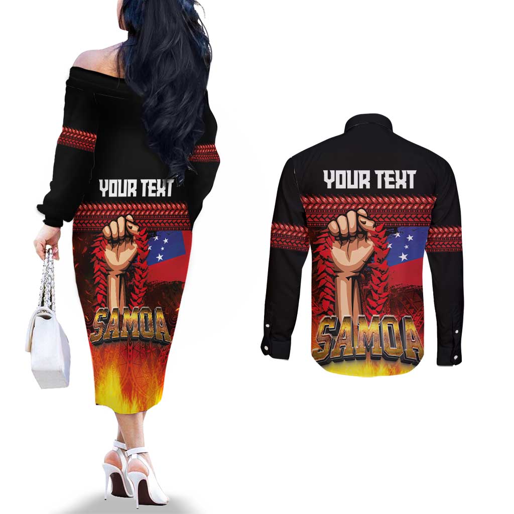 Personalised Samoan Spirit - Samoa Tribal Heritage Couples Matching Off The Shoulder Long Sleeve Dress and Long Sleeve Button Shirt