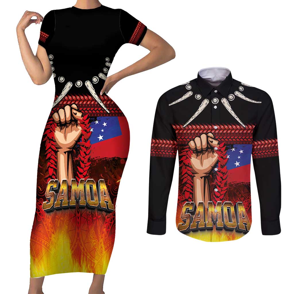 Personalised Samoan Spirit - Samoa Tribal Heritage Couples Matching Short Sleeve Bodycon Dress and Long Sleeve Button Shirt