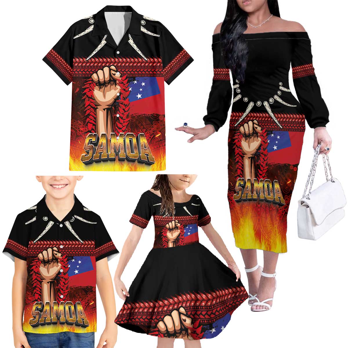 Personalised Samoan Spirit - Samoa Tribal Heritage Family Matching Off The Shoulder Long Sleeve Dress and Hawaiian Shirt