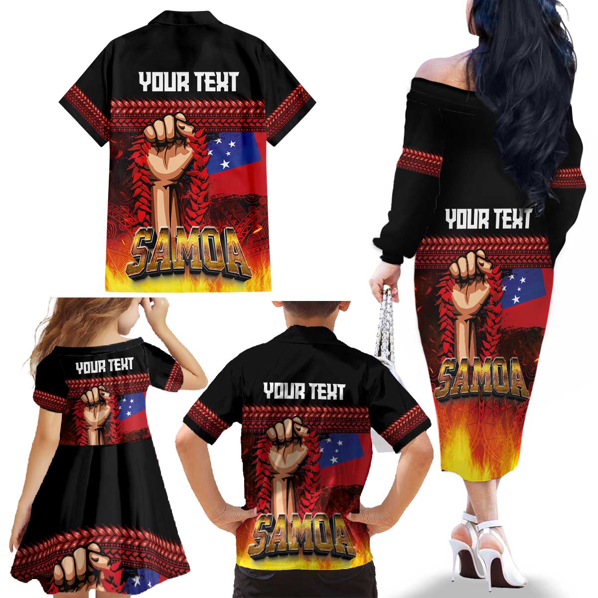 Personalised Samoan Spirit - Samoa Tribal Heritage Family Matching Off The Shoulder Long Sleeve Dress and Hawaiian Shirt