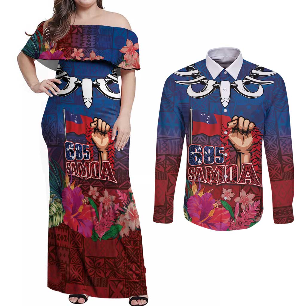Proud of Samoa Couples Matching Off Shoulder Maxi Dress and Long Sleeve Button Shirt Ula Nifo with Samoa 685 and Hibiscus Tapa Tribal Pattern