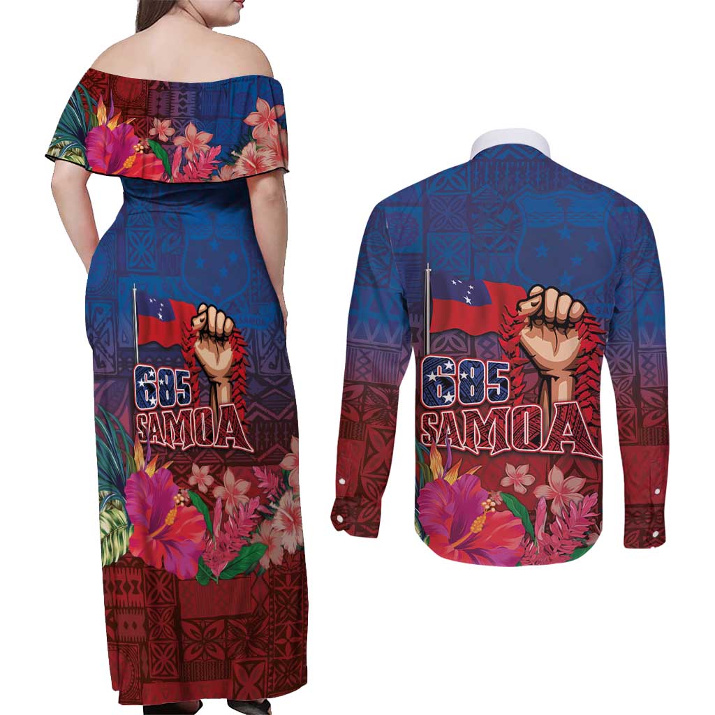 Proud of Samoa Couples Matching Off Shoulder Maxi Dress and Long Sleeve Button Shirt Ula Nifo with Samoa 685 and Hibiscus Tapa Tribal Pattern
