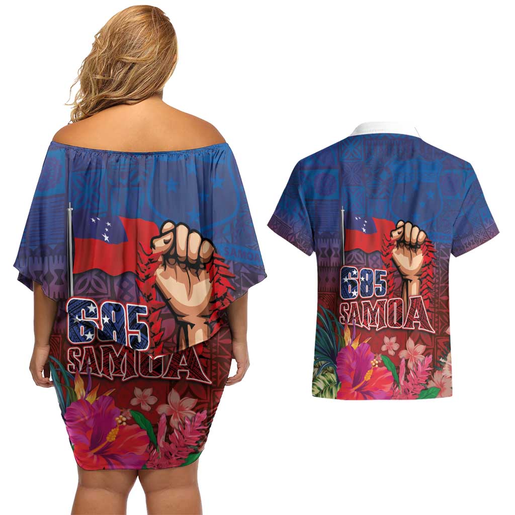 Proud of Samoa Couples Matching Off Shoulder Short Dress and Hawaiian Shirt Ula Nifo with Samoa 685 and Hibiscus Tapa Tribal Pattern