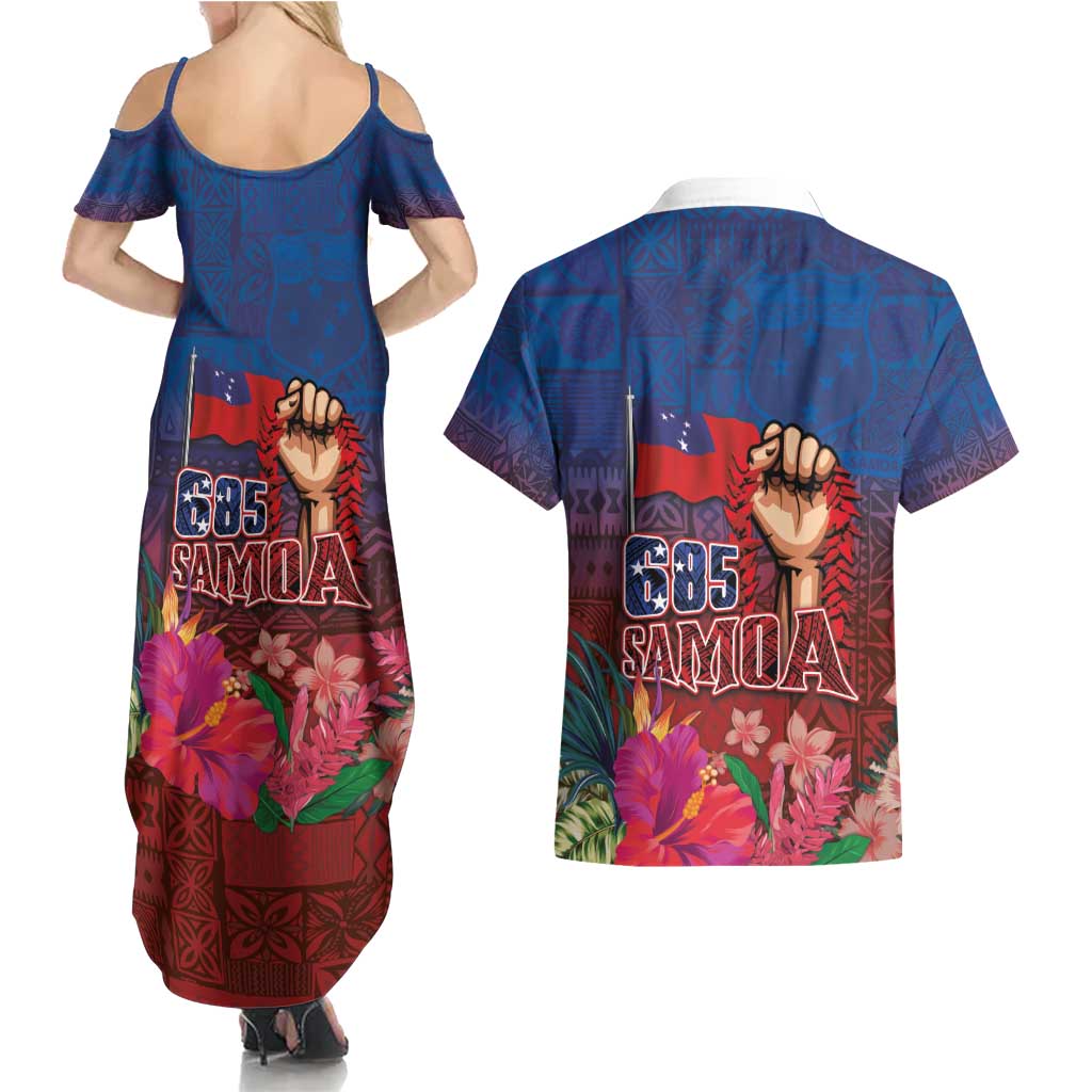 Proud of Samoa Couples Matching Summer Maxi Dress and Hawaiian Shirt Ula Nifo with Samoa 685 and Hibiscus Tapa Tribal Pattern