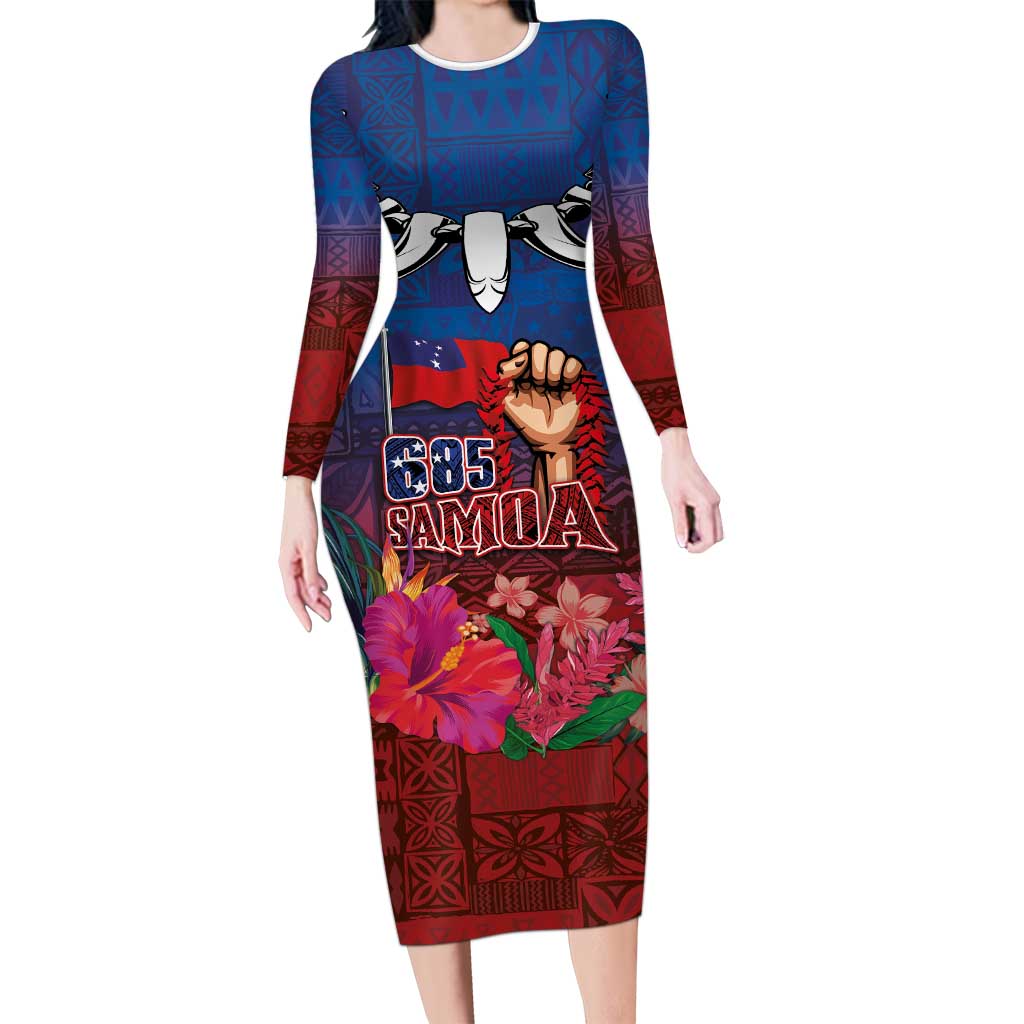 Proud of Samoa Long Sleeve Bodycon Dress Ula Nifo with Samoa 685 and Hibiscus Tapa Tribal Pattern