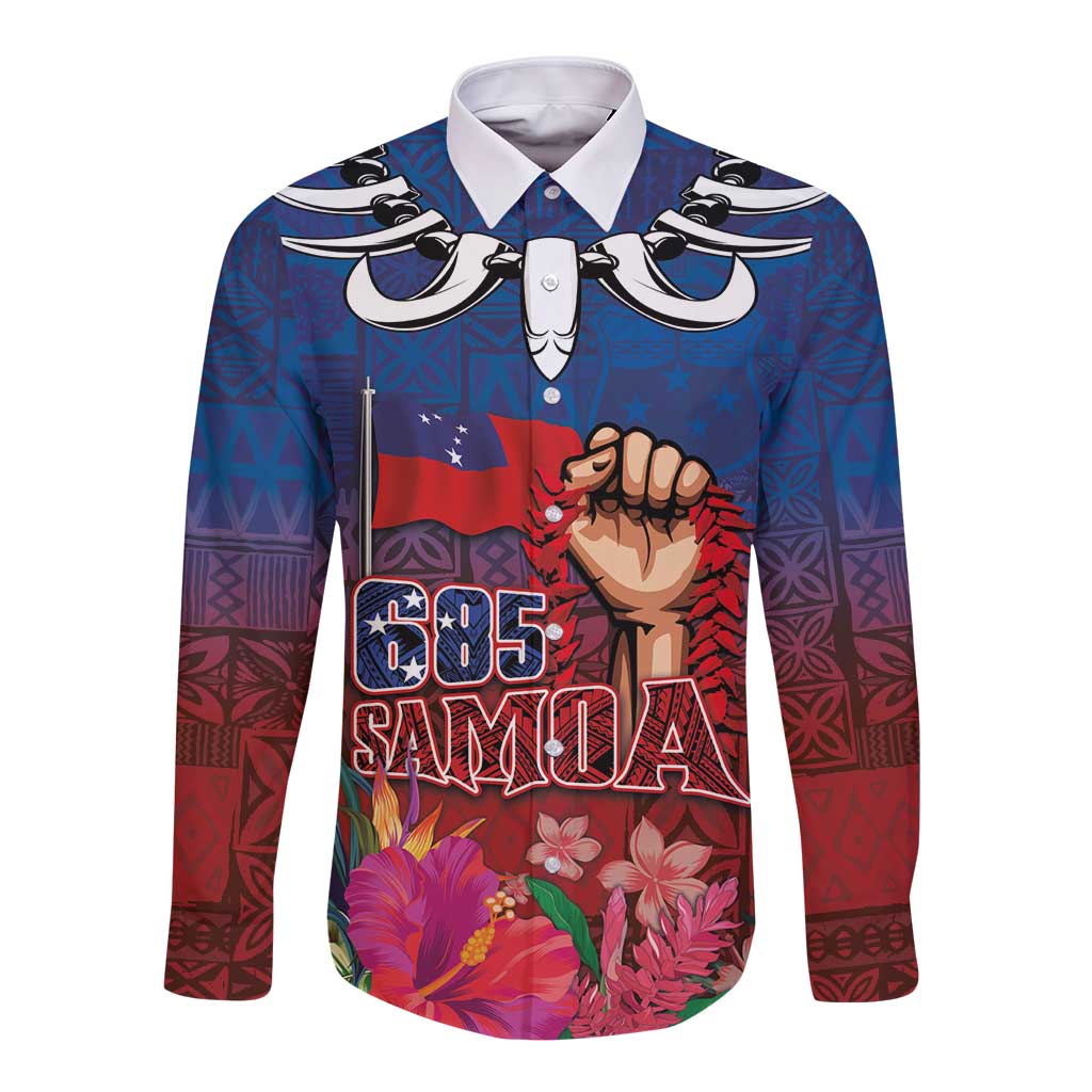 Proud of Samoa Long Sleeve Button Shirt Ula Nifo with Samoa 685 and Hibiscus Tapa Tribal Pattern