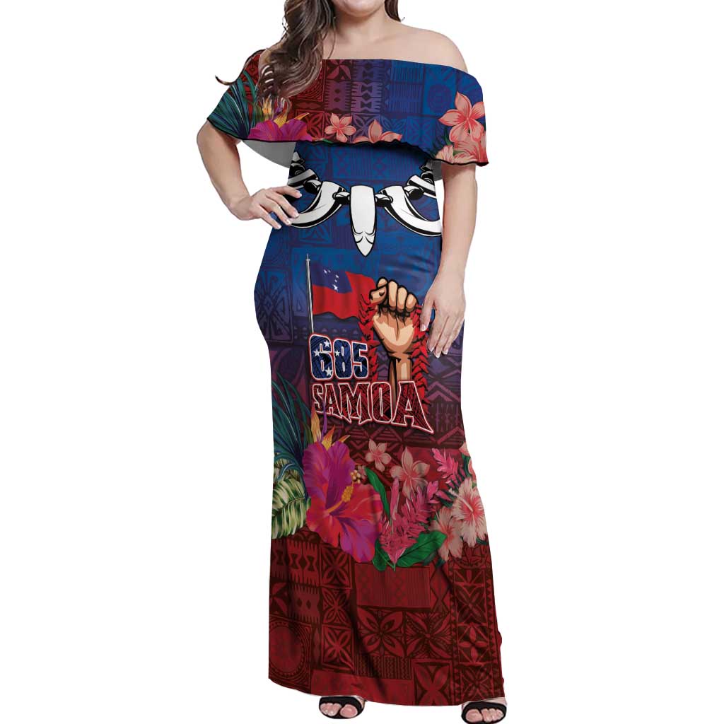 Proud of Samoa Off Shoulder Maxi Dress Ula Nifo with Samoa 685 and Hibiscus Tapa Tribal Pattern