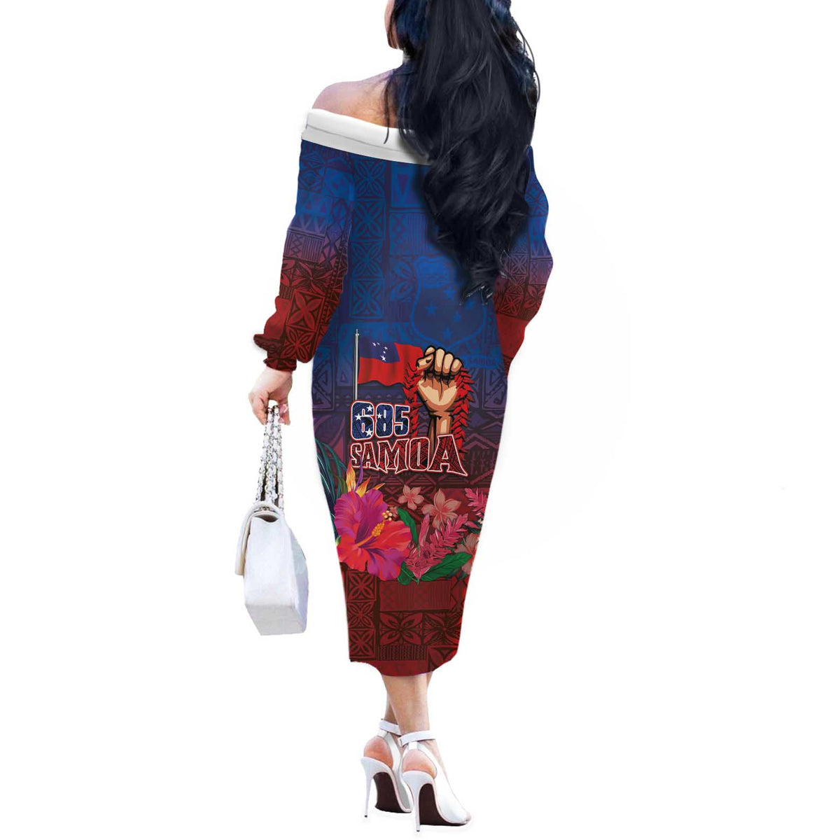 Proud of Samoa Off The Shoulder Long Sleeve Dress Ula Nifo with Samoa 685 and Hibiscus Tapa Tribal Pattern