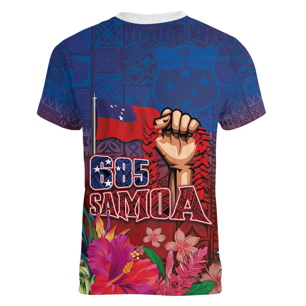 Proud of Samoa Women V-Neck T-Shirt Ula Nifo with Samoa 685 and Hibiscus Tapa Tribal Pattern
