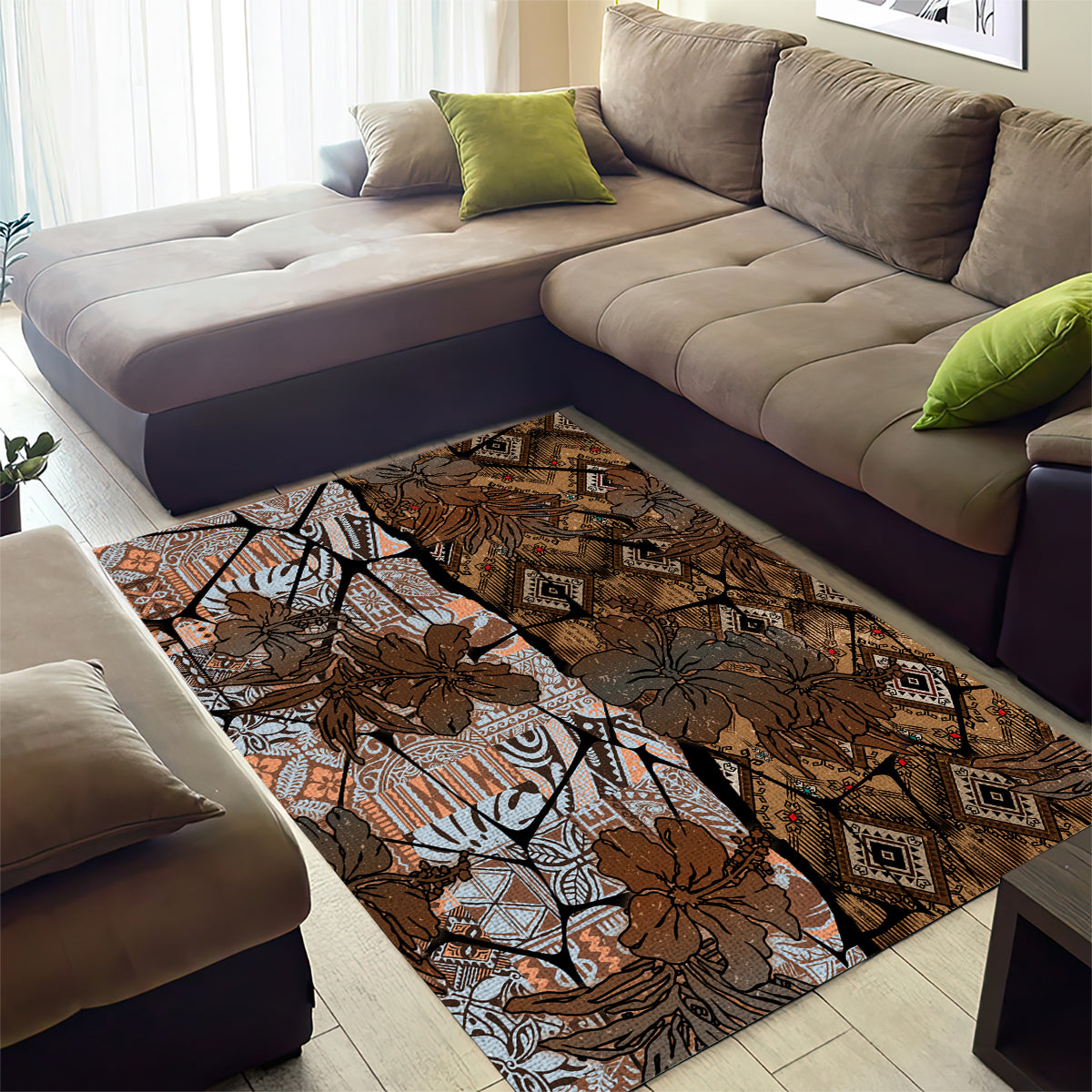 Fiji Masi Tapa Tribal Area Rug Old Hibiscus Vintage Style LT03 - Polynesian Pride