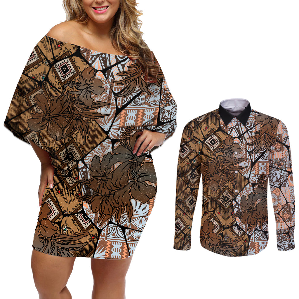 Fiji Masi Tapa Tribal Couples Matching Off Shoulder Short Dress and Long Sleeve Button Shirt Old Hibiscus Vintage Style LT03 Brown - Polynesian Pride