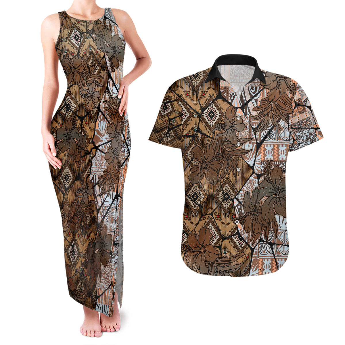 Fiji Masi Tapa Tribal Couples Matching Tank Maxi Dress and Hawaiian Shirt Old Hibiscus Vintage Style LT03 Brown - Polynesian Pride