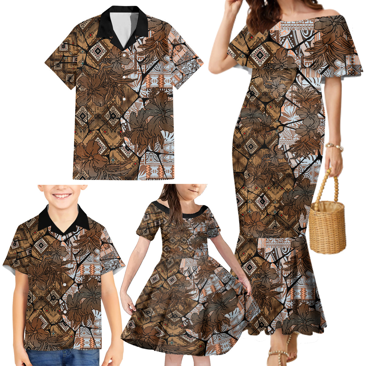 Fiji Masi Tapa Tribal Family Matching Mermaid Dress and Hawaiian Shirt Old Hibiscus Vintage Style LT03 - Polynesian Pride