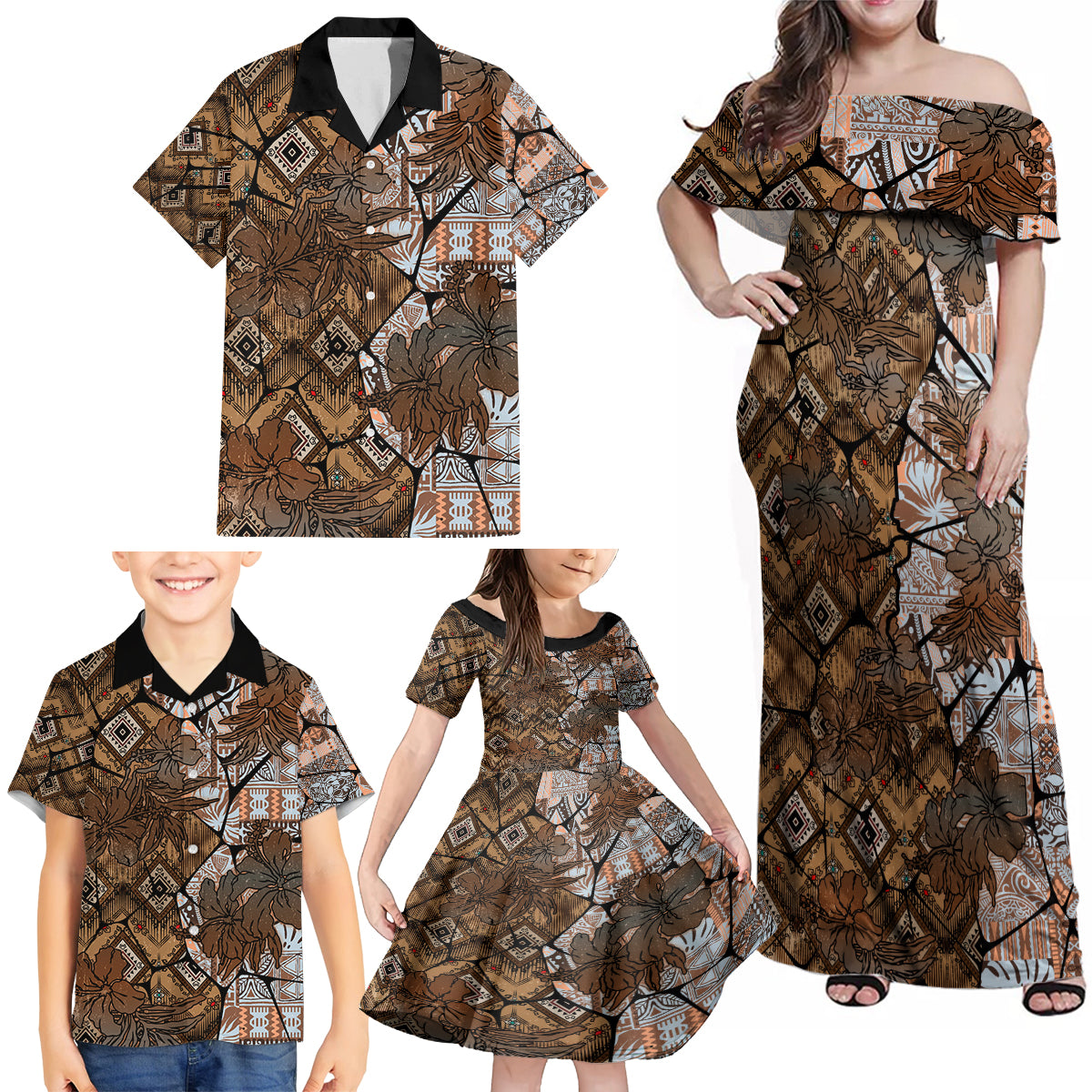 Fiji Masi Tapa Tribal Family Matching Off Shoulder Maxi Dress and Hawaiian Shirt Old Hibiscus Vintage Style LT03 - Polynesian Pride