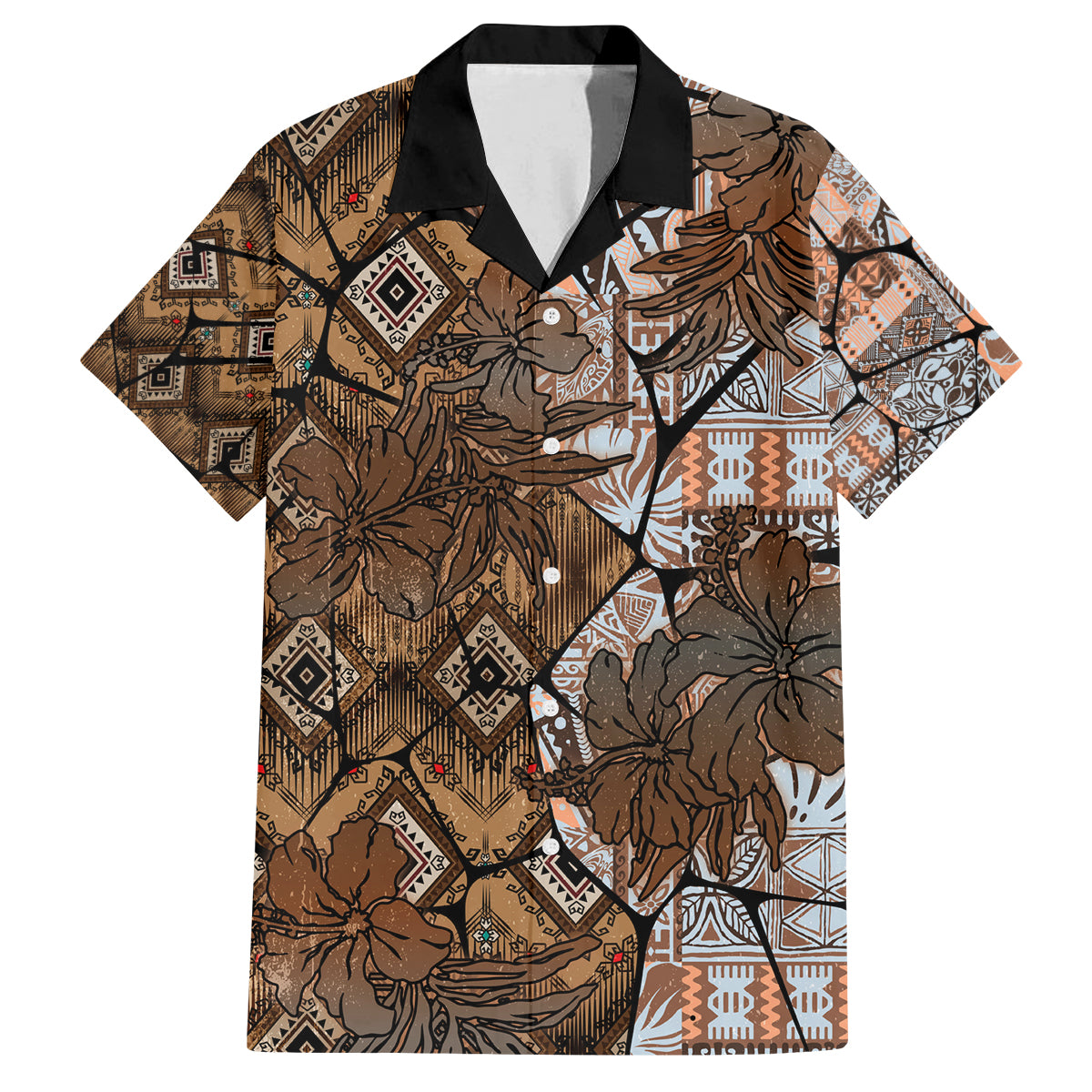 Fiji Masi Tapa Tribal Family Matching Summer Maxi Dress and Hawaiian Shirt Old Hibiscus Vintage Style LT03 Dad's Shirt - Short Sleeve Brown - Polynesian Pride