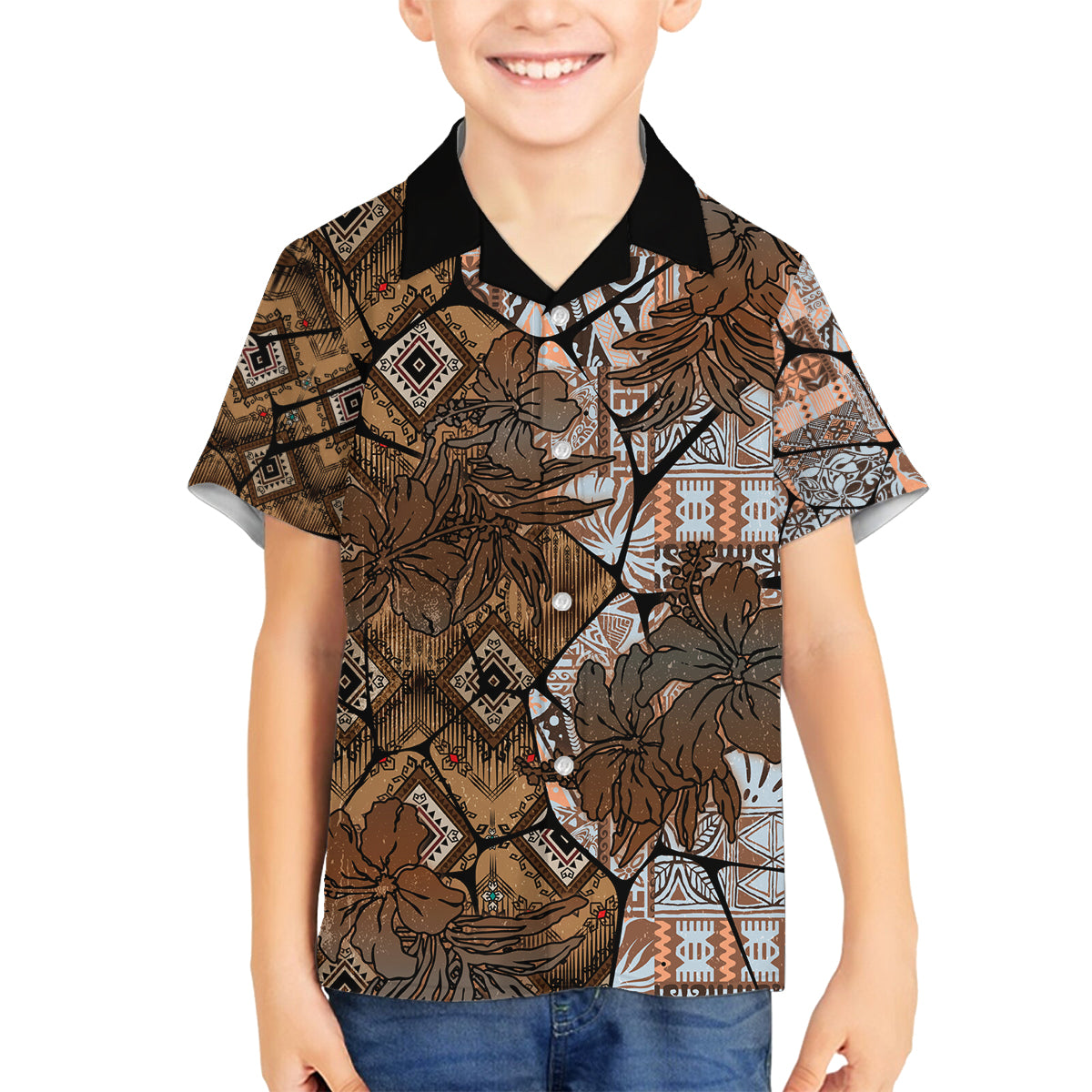 Fiji Masi Tapa Tribal Family Matching Tank Maxi Dress and Hawaiian Shirt Old Hibiscus Vintage Style LT03 Son's Shirt Brown - Polynesian Pride