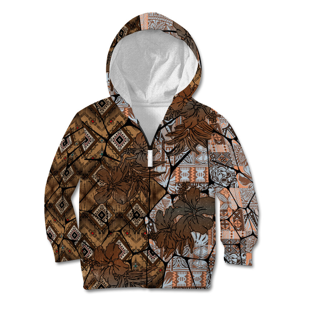Fiji Masi Tapa Tribal Kid Hoodie Old Hibiscus Vintage Style LT03 Zip Hoodie Brown - Polynesian Pride