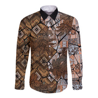 Fiji Masi Tapa Tribal Long Sleeve Button Shirt Old Hibiscus Vintage Style LT03 Unisex Brown - Polynesian Pride