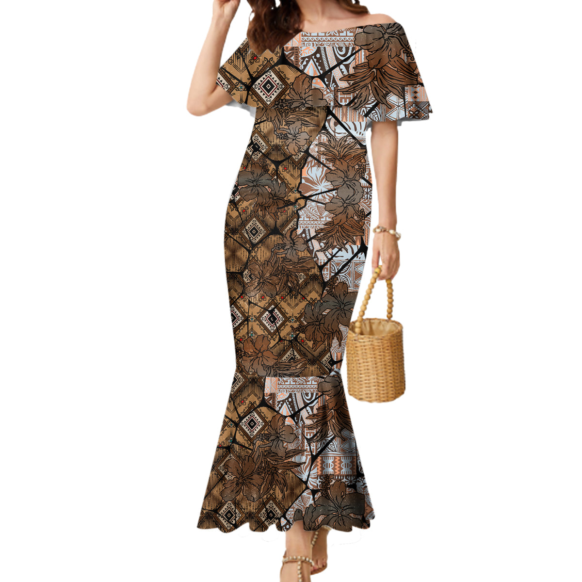 Fiji Masi Tapa Tribal Mermaid Dress Old Hibiscus Vintage Style LT03 Women Brown - Polynesian Pride