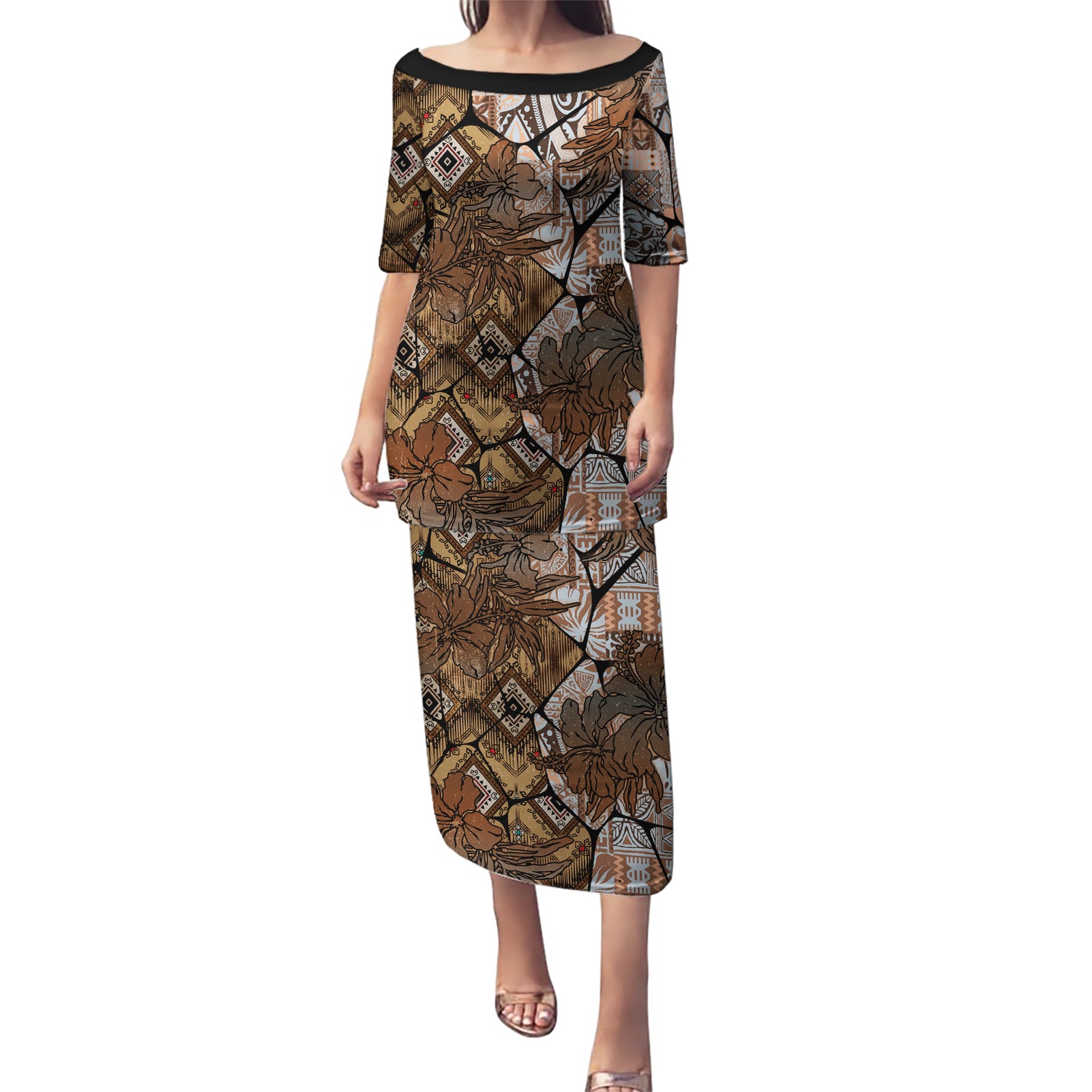 Fiji Masi Tapa Tribal Puletasi Old Hibiscus Vintage Style LT03 Long Dress Brown - Polynesian Pride