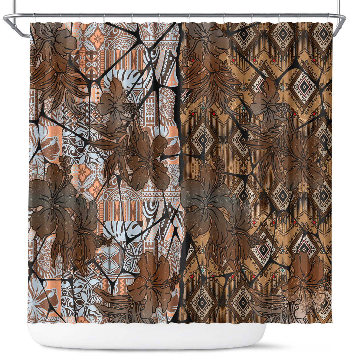 Fiji Masi Tapa Tribal Shower Curtain Old Hibiscus Vintage Style LT03 Brown - Polynesian Pride