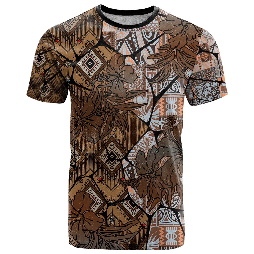 Fiji Masi Tapa Tribal T Shirt Old Hibiscus Vintage Style LT03 Brown - Polynesian Pride