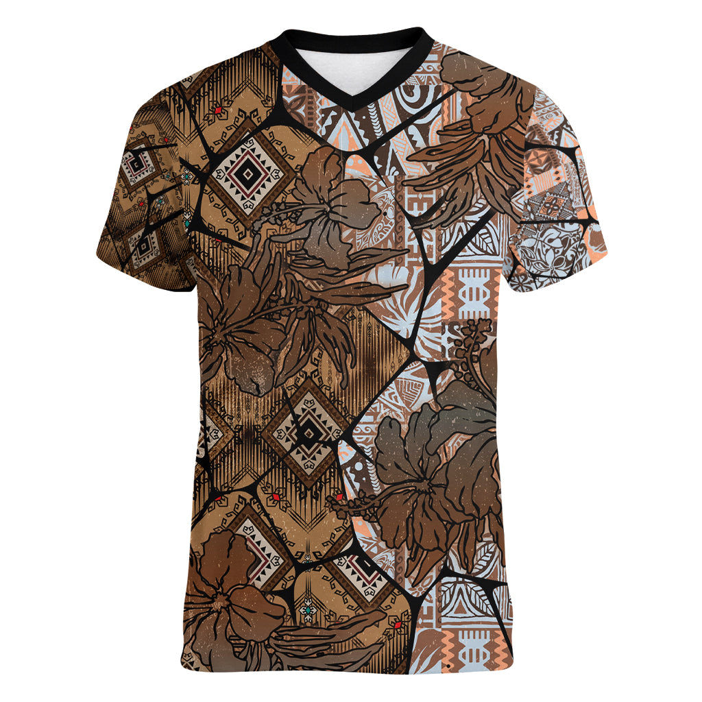 Fiji Masi Tapa Tribal Women V Neck T Shirt Old Hibiscus Vintage Style LT03 Female Brown - Polynesian Pride