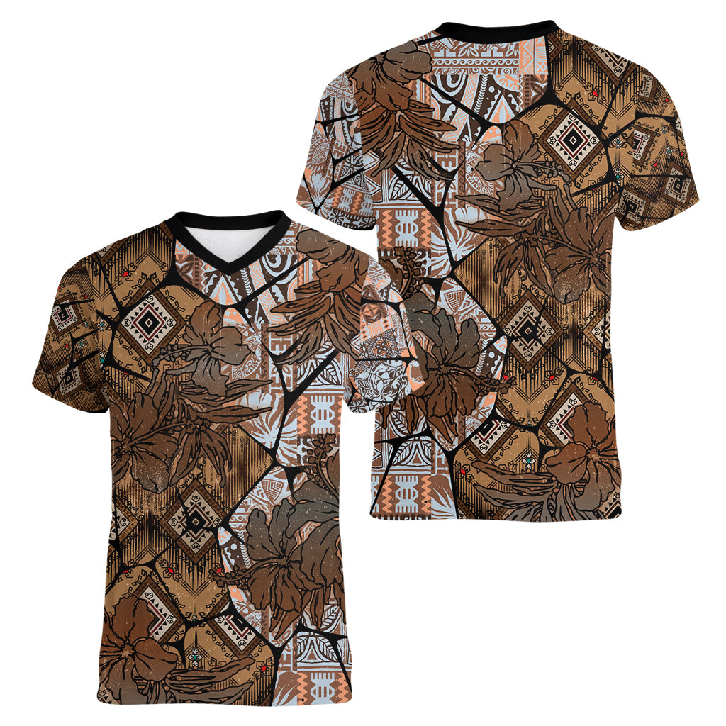 Fiji Masi Tapa Tribal Women V Neck T Shirt Old Hibiscus Vintage Style LT03 - Polynesian Pride