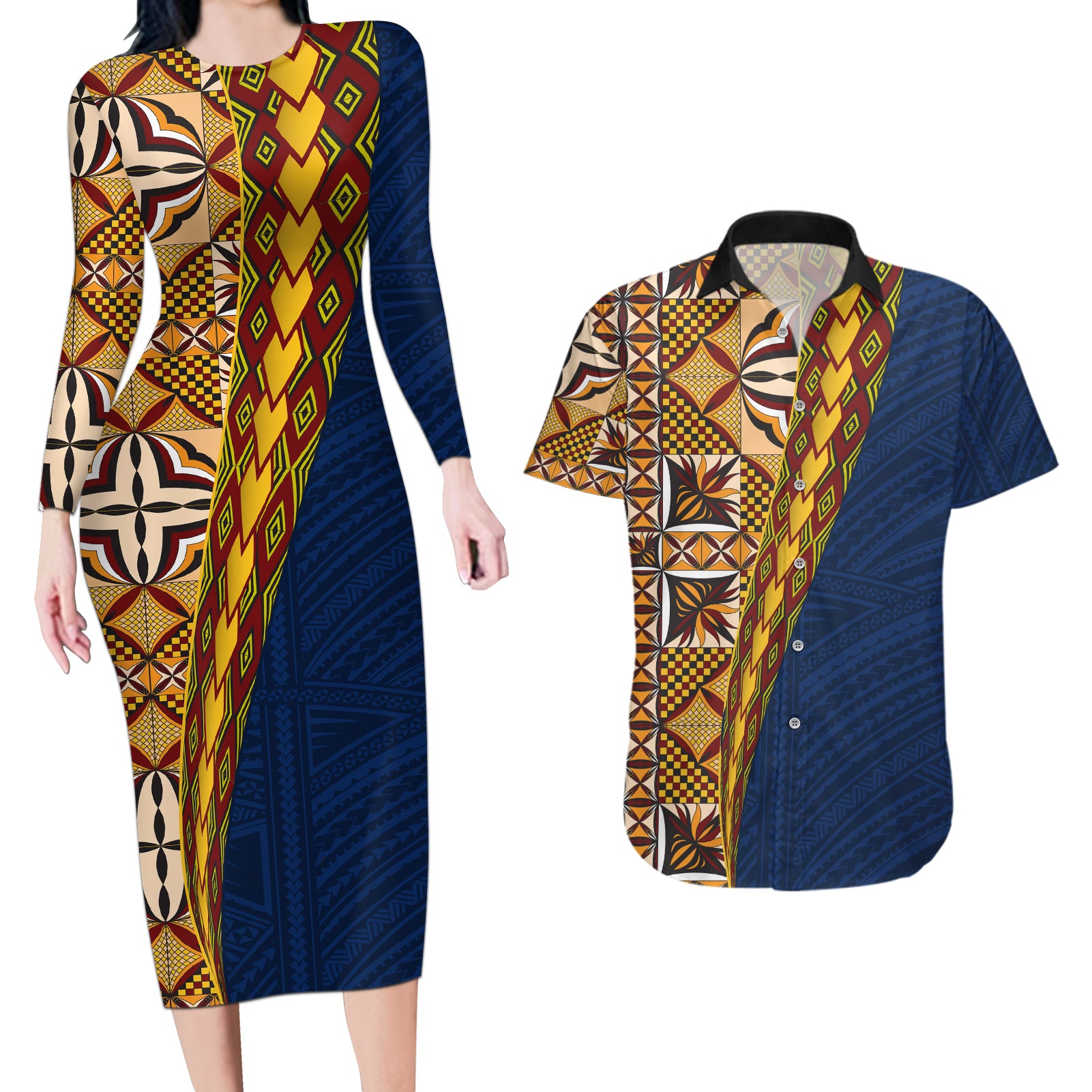 Samoan Siapo Couples Matching Long Sleeve Bodycon Dress and Hawaiian Shirt Tatau Pattern Half Style LT03 Yellow - Polynesian Pride