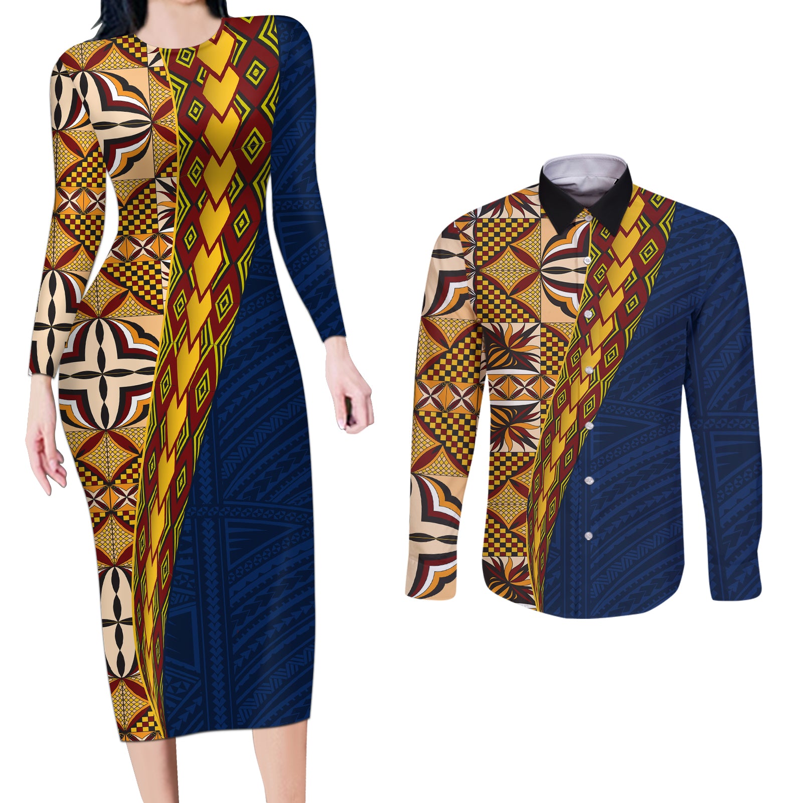 Samoan Siapo Couples Matching Long Sleeve Bodycon Dress and Long Sleeve Button Shirt Tatau Pattern Half Style LT03 Yellow - Polynesian Pride