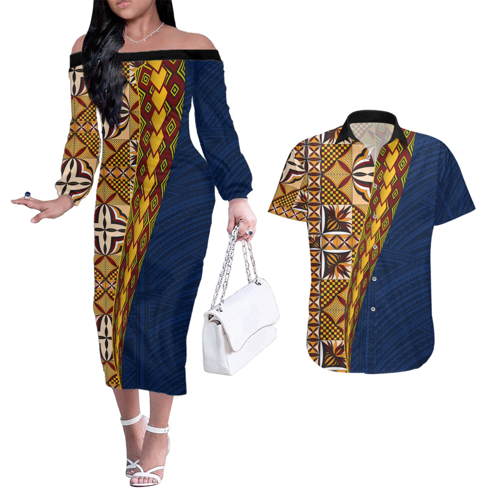 Samoan Siapo Couples Matching Off The Shoulder Long Sleeve Dress and Hawaiian Shirt Tatau Pattern Half Style LT03 Yellow - Polynesian Pride