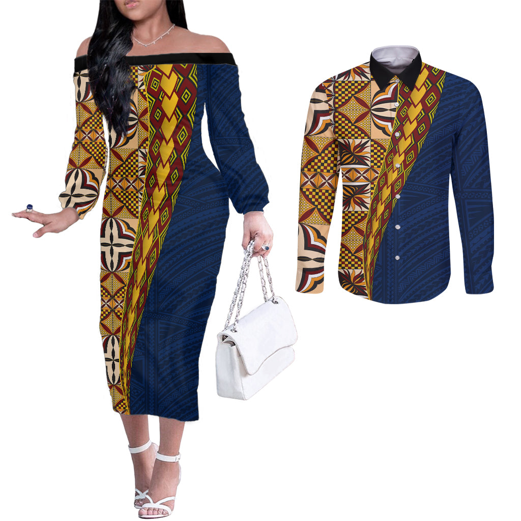 Samoan Siapo Couples Matching Off The Shoulder Long Sleeve Dress and Long Sleeve Button Shirt Tatau Pattern Half Style LT03 Yellow - Polynesian Pride