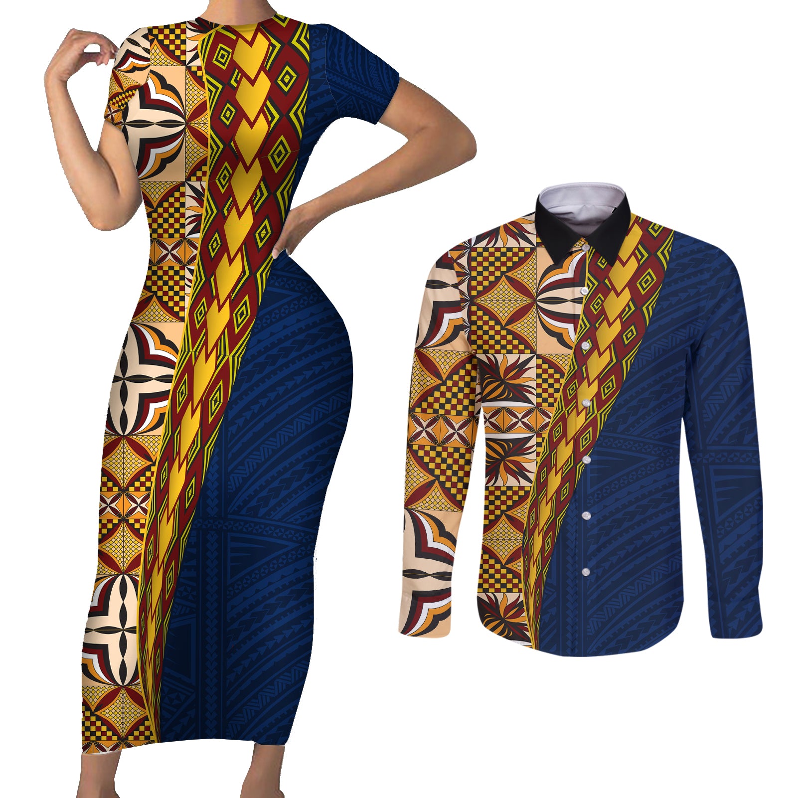 Samoan Siapo Couples Matching Short Sleeve Bodycon Dress and Long Sleeve Button Shirt Tatau Pattern Half Style LT03 Yellow - Polynesian Pride