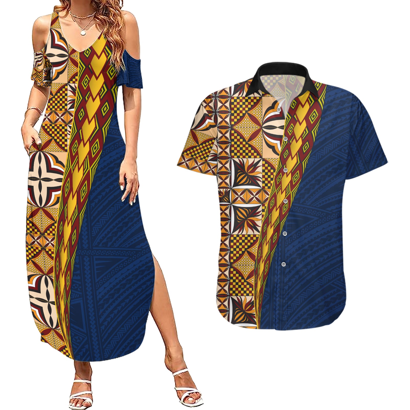 Samoan Siapo Couples Matching Summer Maxi Dress and Hawaiian Shirt Tatau Pattern Half Style LT03 Yellow - Polynesian Pride