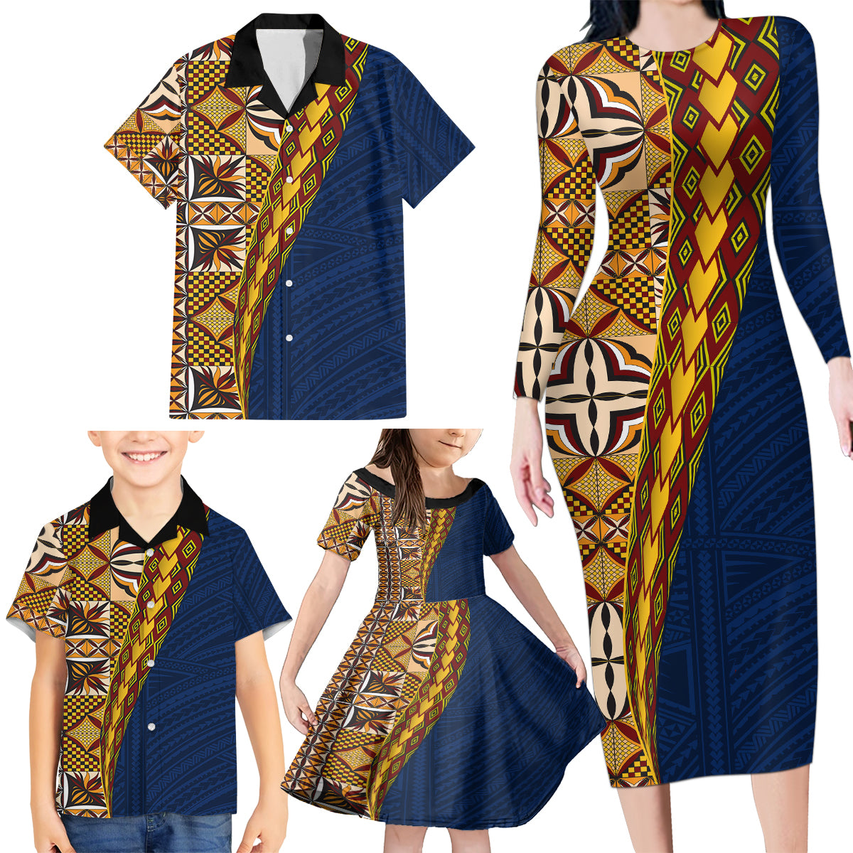 Samoan Siapo Family Matching Long Sleeve Bodycon Dress and Hawaiian Shirt Tatau Pattern Half Style LT03 - Polynesian Pride